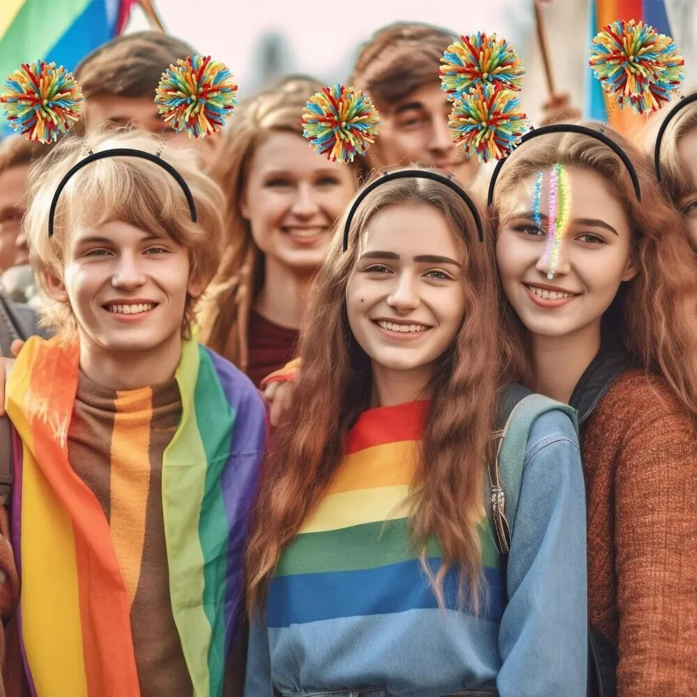 18 Rainbow Pom Pom Headbands Fabric Unisex Adult Party Festival Accessory
